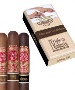 CAPA FLOR ROBUSTO EN CAJA CON 3 PUROS MADURO, MADURO COLORADO Y HABANO