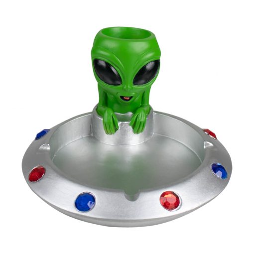 CENICERO REDONDO COLOR GRIS DISEÑO OVNI CON ALIEN